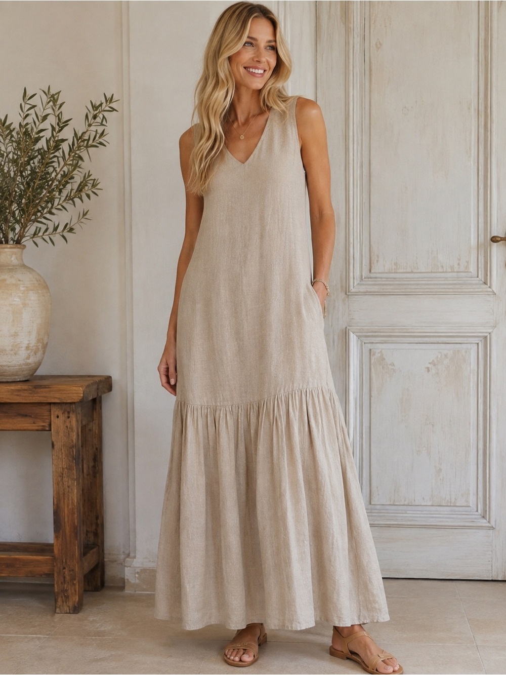 NWT Crown Linen Designs Eve 100% Linen Flax Maxi Dress XL